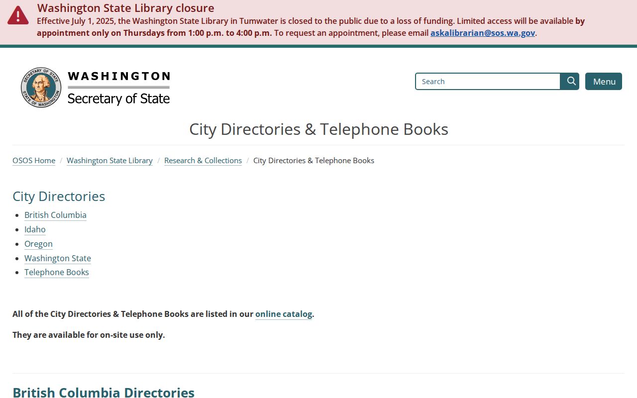 State Library city directory holdings used for Spanaway research