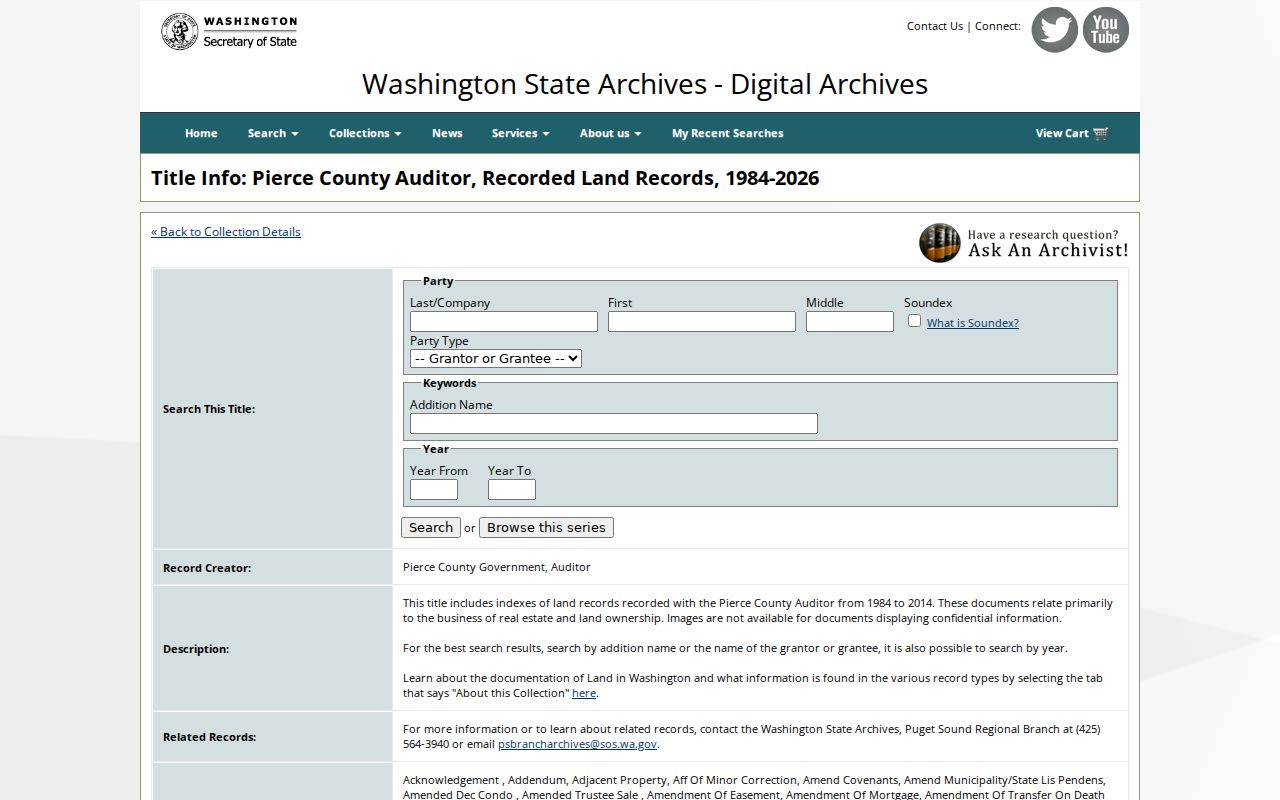 Washington Digital Archives Pierce land-record collection page