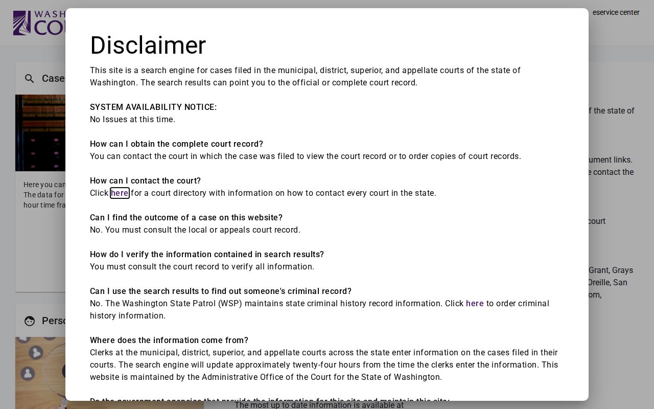Washington statewide court case search page